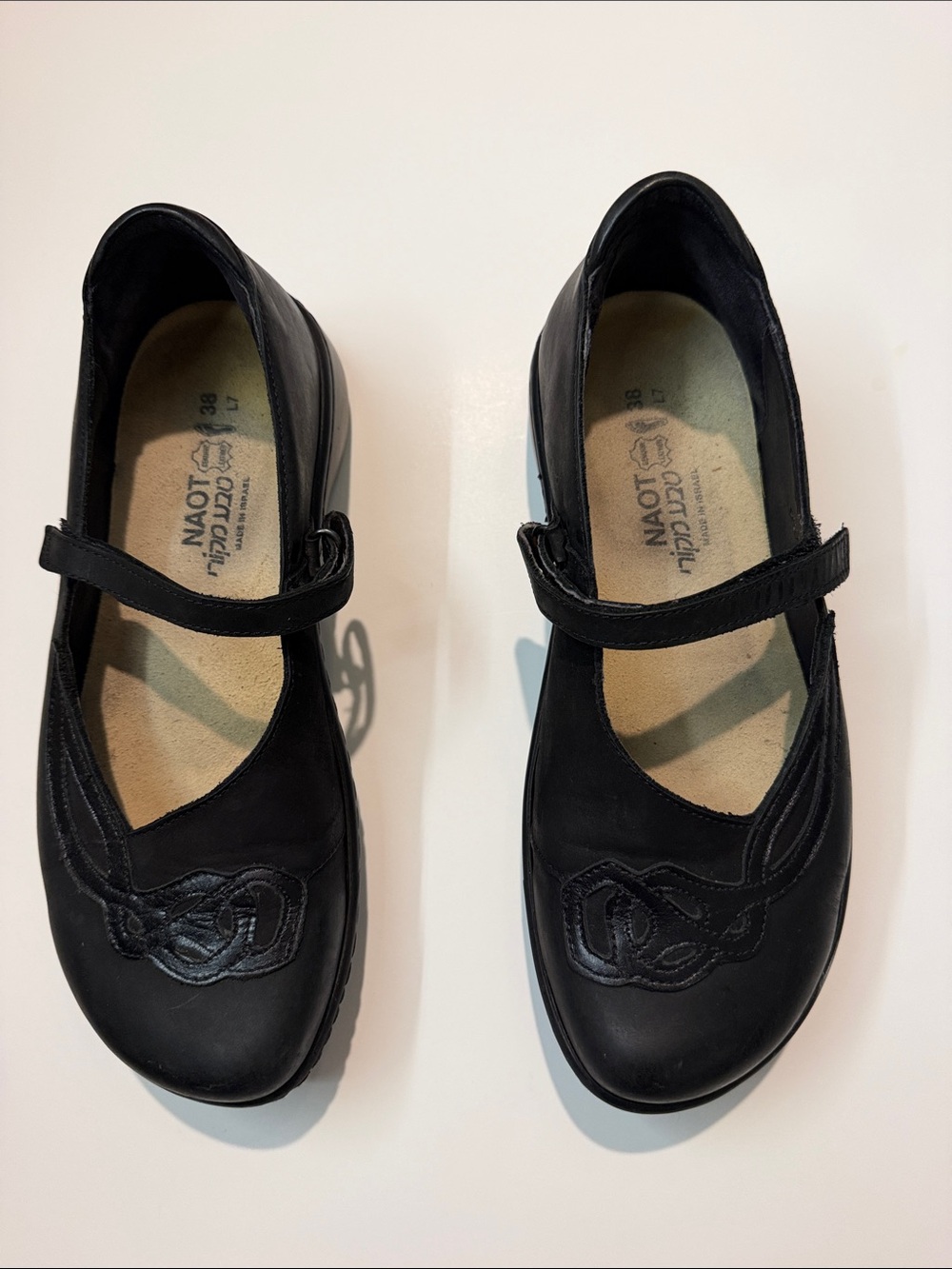 Naot Black Leather Mary Jane with Decorative
 Stitching - Size 38/7.5